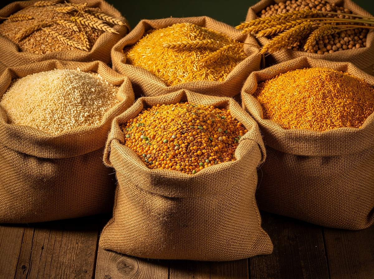 أكياس خيش مفتوحة مملوءة بالحبوب والبقوليات